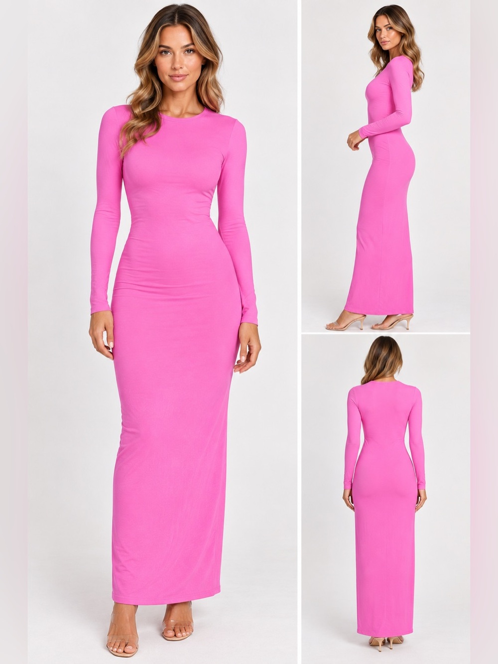 SKIMS Fits Everybody Crew Neck Long Sleeve Dress | Neon Orchid